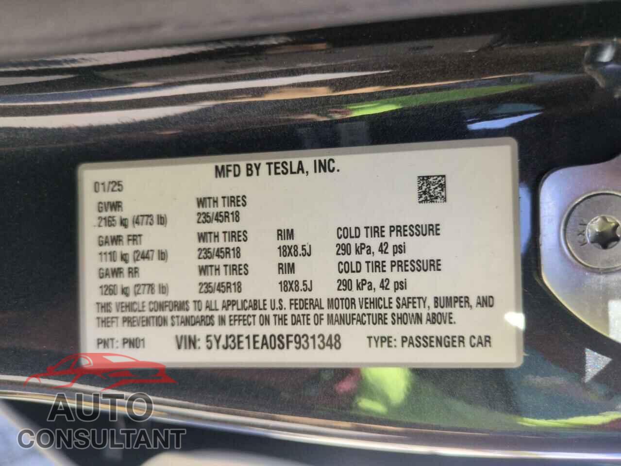 TESLA MODEL 3 2025 - 5YJ3E1EA0SF931348
