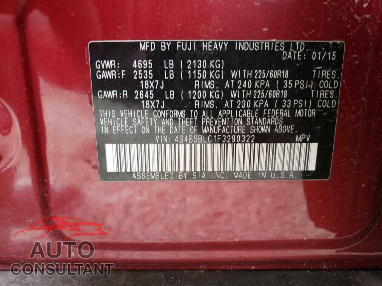 SUBARU OUTBACK 2015 - 4S4BSBLC1F3290322