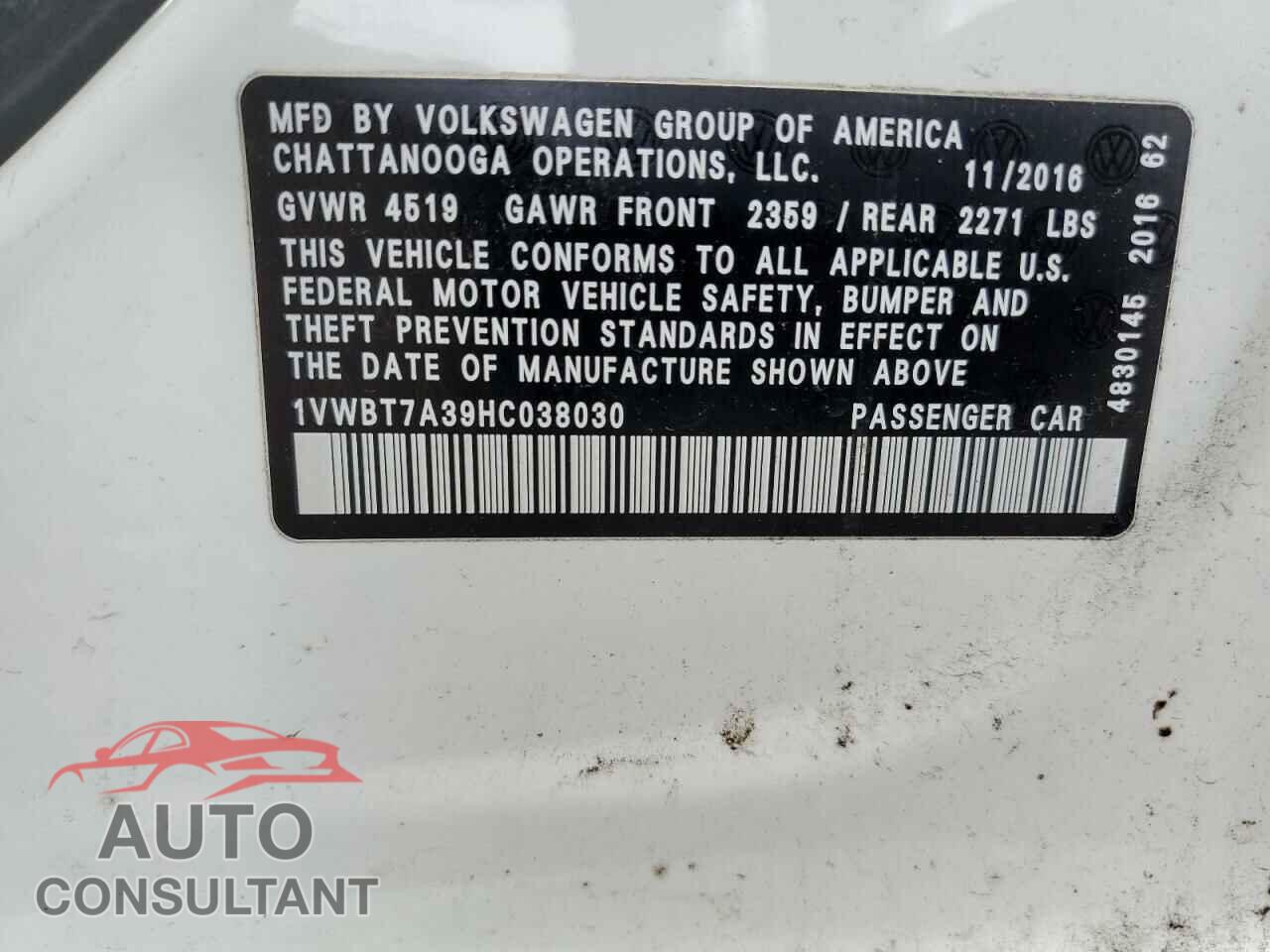 VOLKSWAGEN PASSAT 2017 - 1VWBT7A39HC038030