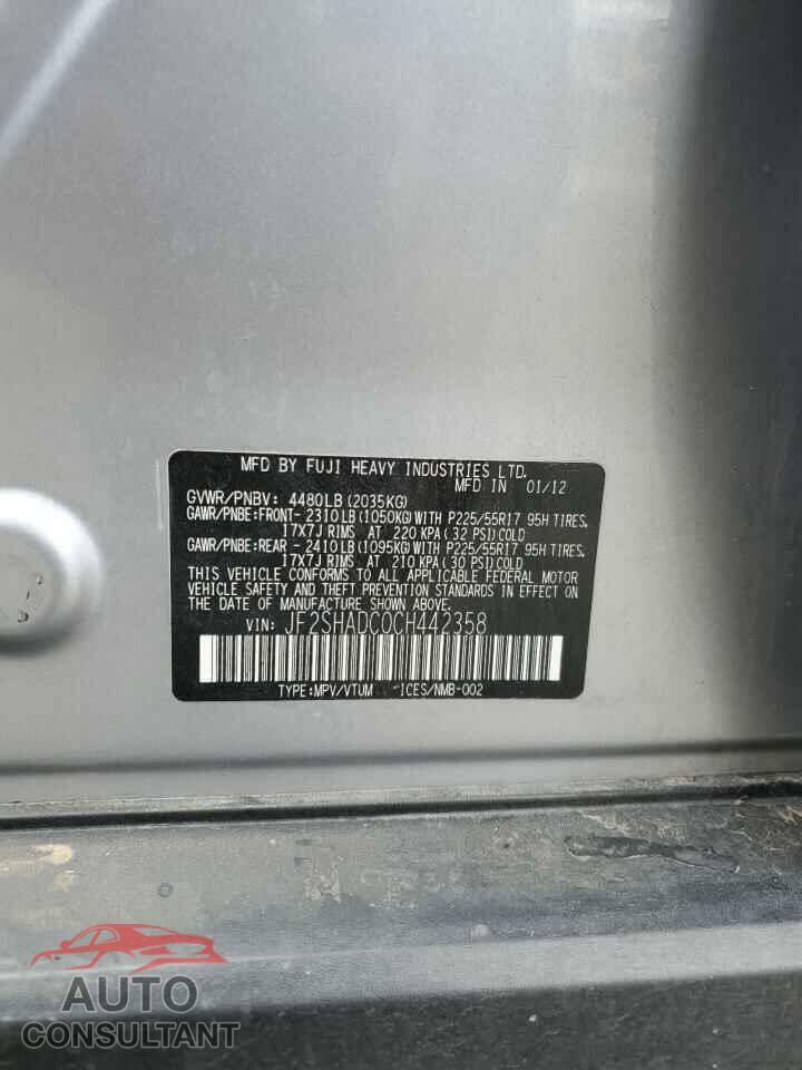 SUBARU FORESTER 2012 - JF2SHADC0CH442358