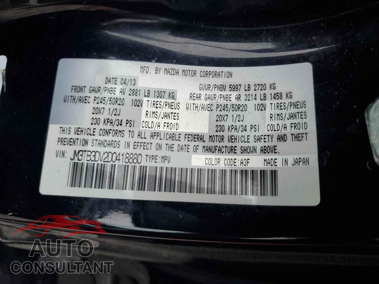 MAZDA CX-9 2013 - JM3TB3DV2D0418880