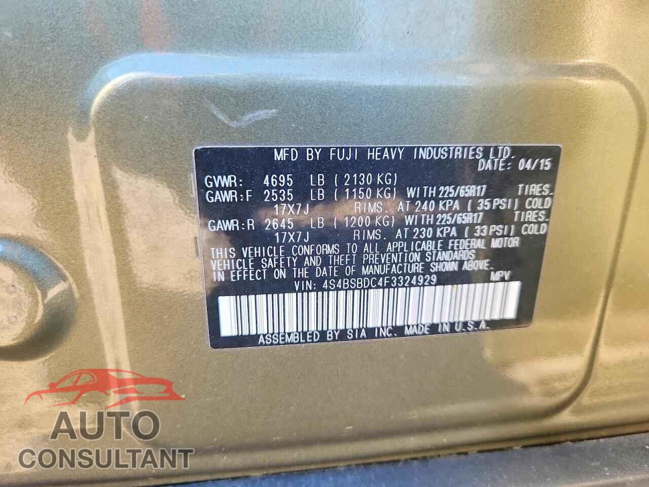 SUBARU OUTBACK 2015 - 4S4BSBDC4F3324929