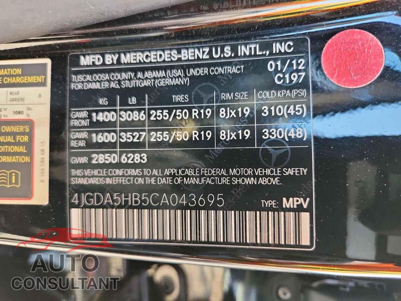 MERCEDES-BENZ M-CLASS 2012 - 4JGDA5HB5CA043695