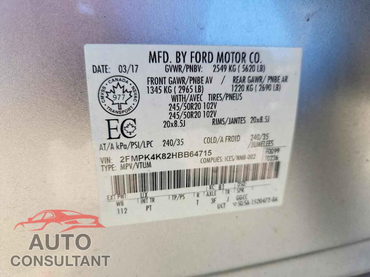 FORD EDGE 2017 - 2FMPK4K82HBB64715