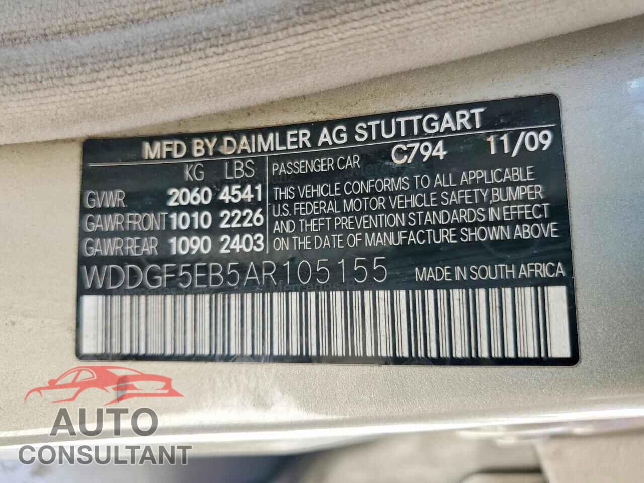 MERCEDES-BENZ C-CLASS 2010 - WDDGF5EB5AR105155