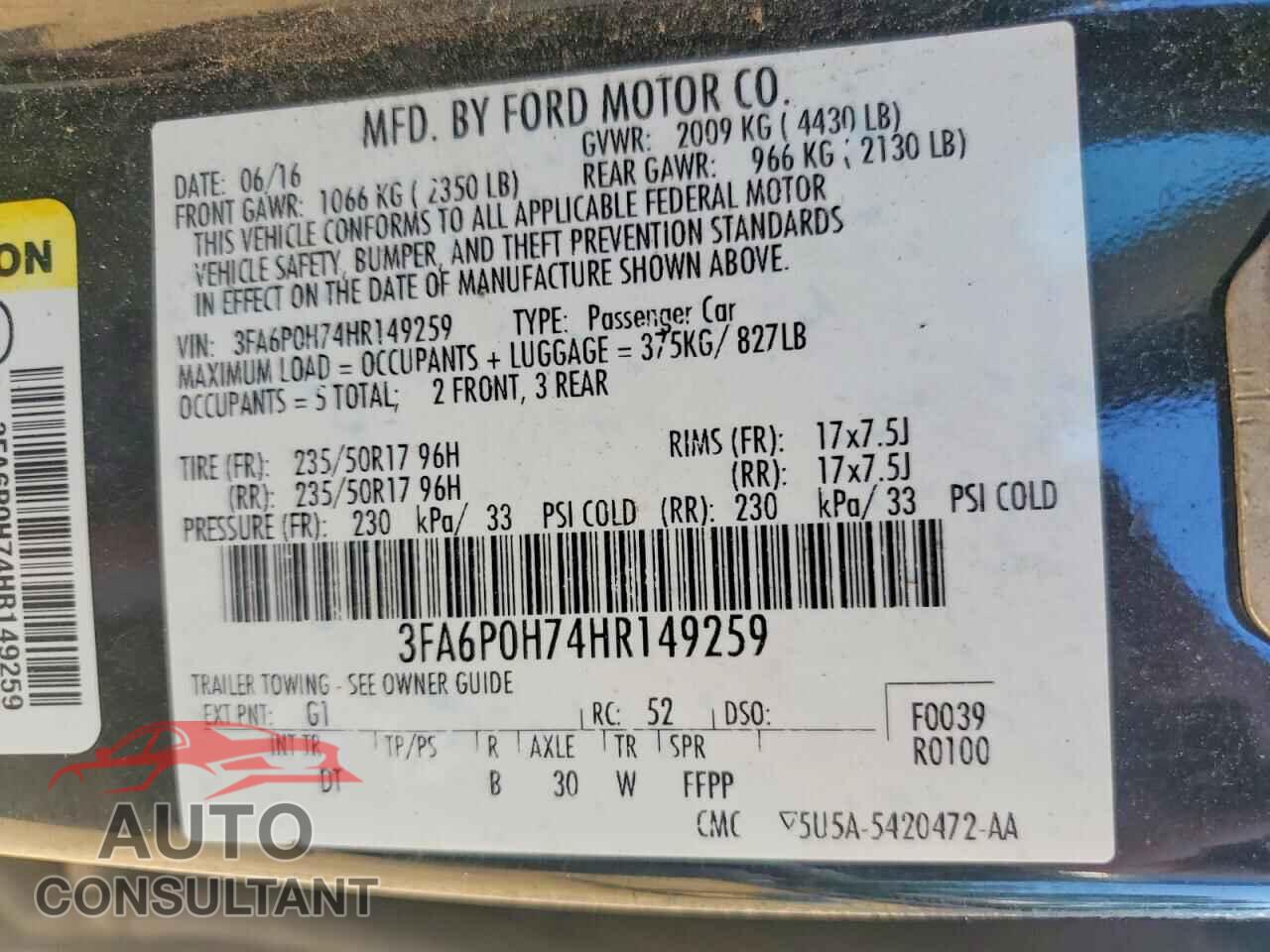FORD FUSION 2017 - 3FA6P0H74HR149259