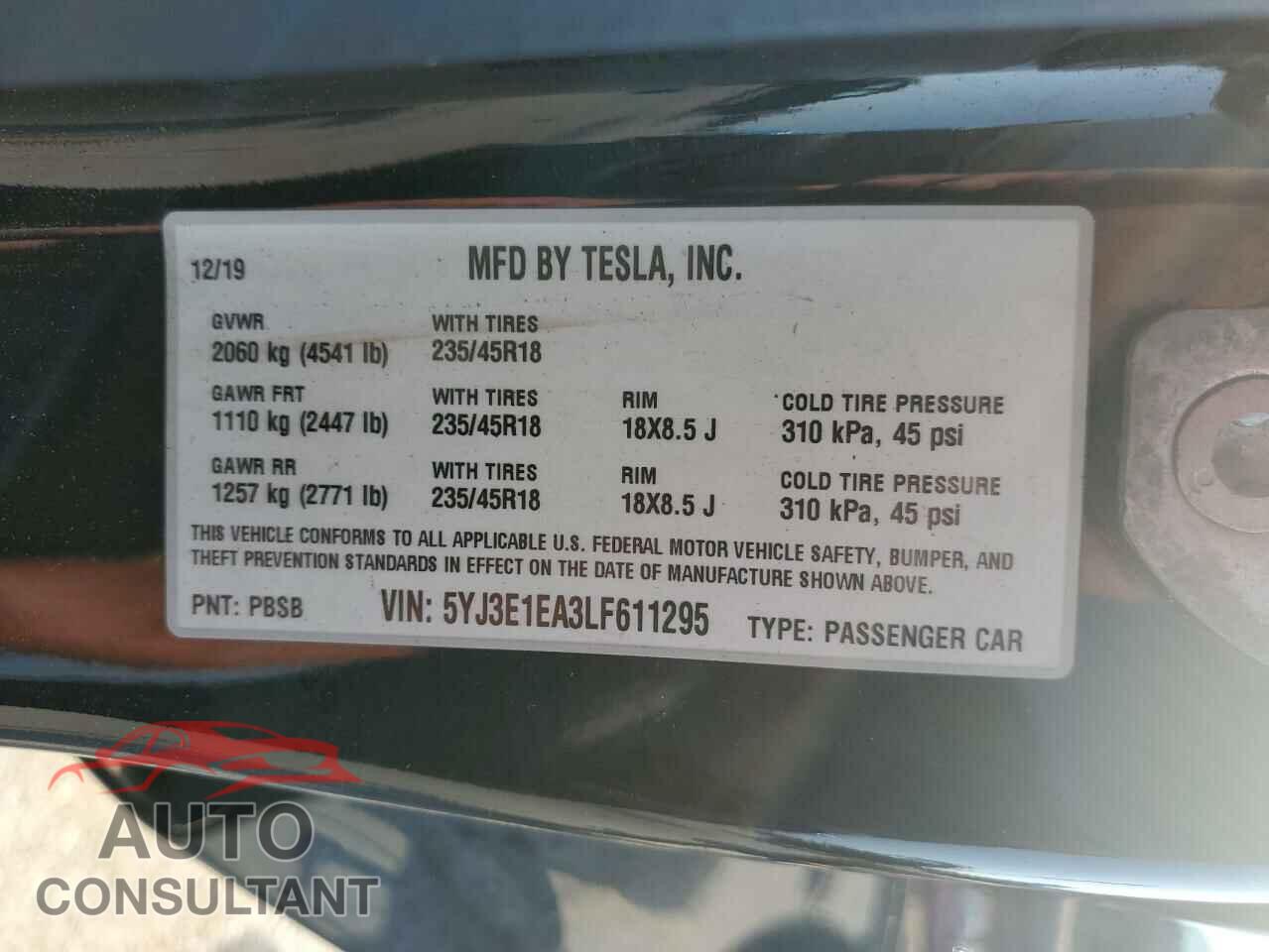 TESLA MODEL 3 2020 - 5YJ3E1EA3LF611295