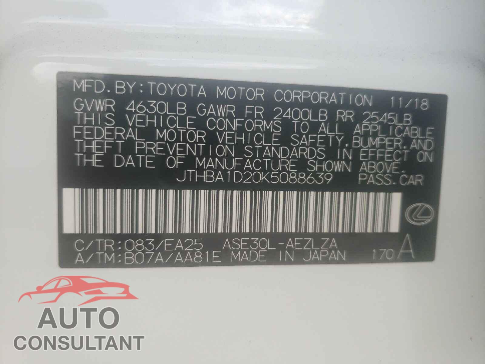 LEXUS IS 2019 - JTHBA1D20K5088639