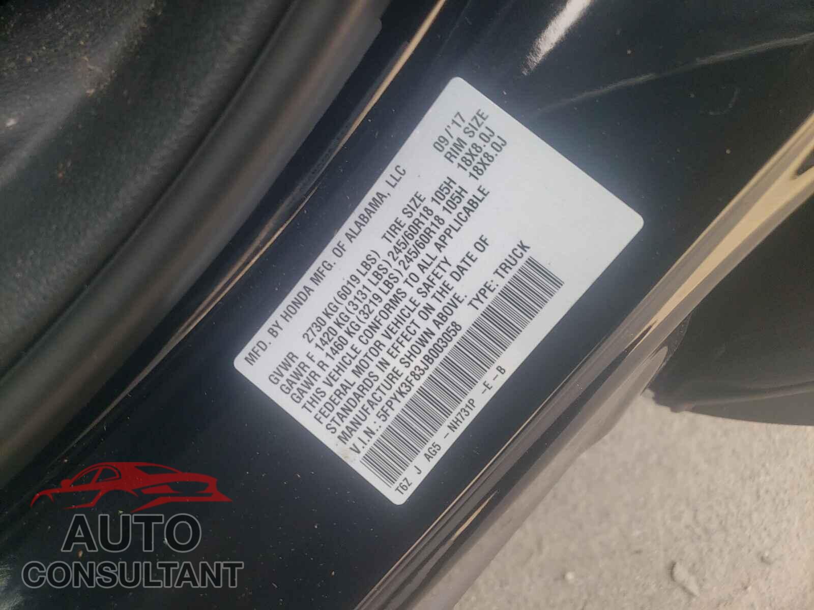 HONDA RIDGELINE 2018 - 5FPYK3F83JB003058