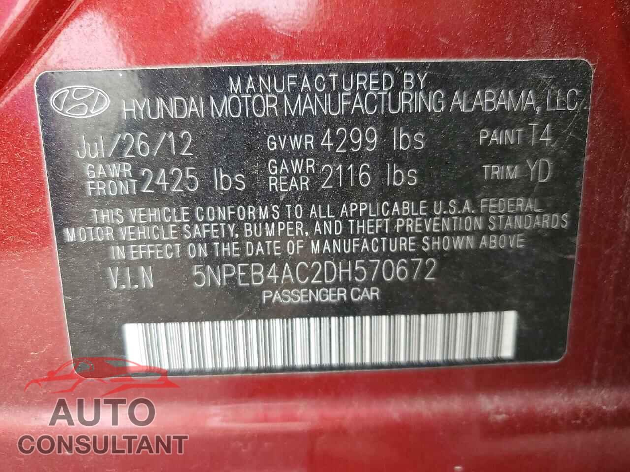 HYUNDAI SONATA 2013 - 5NPEB4AC2DH570672