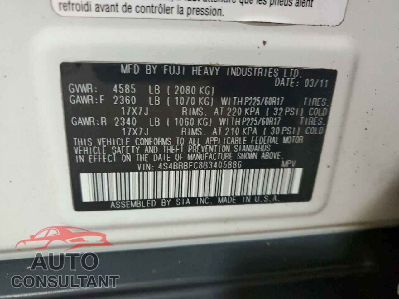 SUBARU OUTBACK 2011 - 4S4BRBFC8B3405886