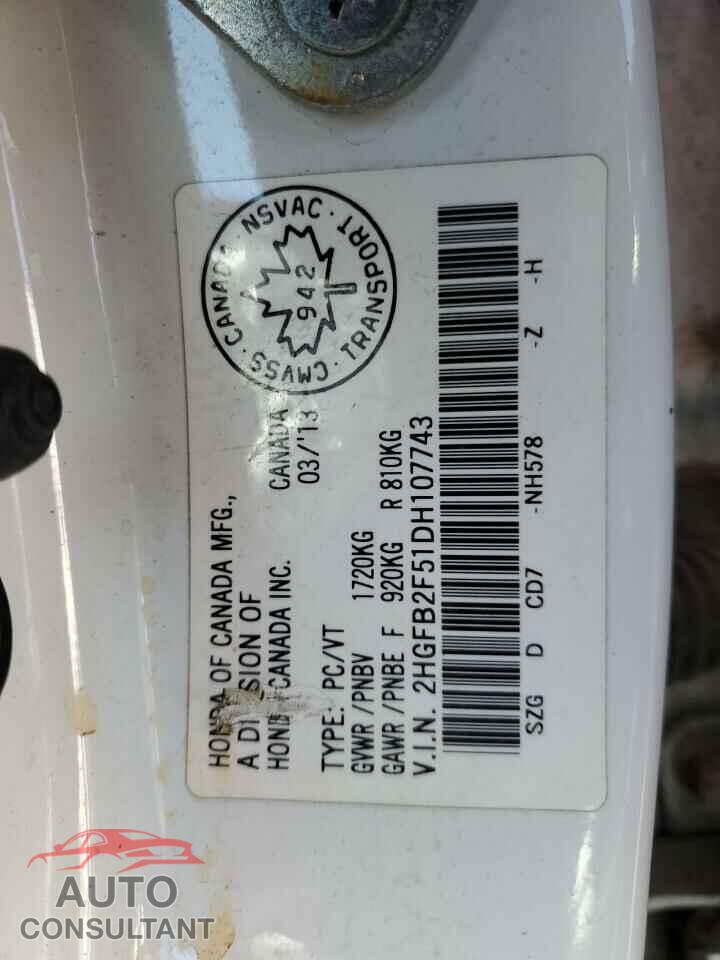 HONDA CIVIC 2013 - 2HGFB2F51DH107743