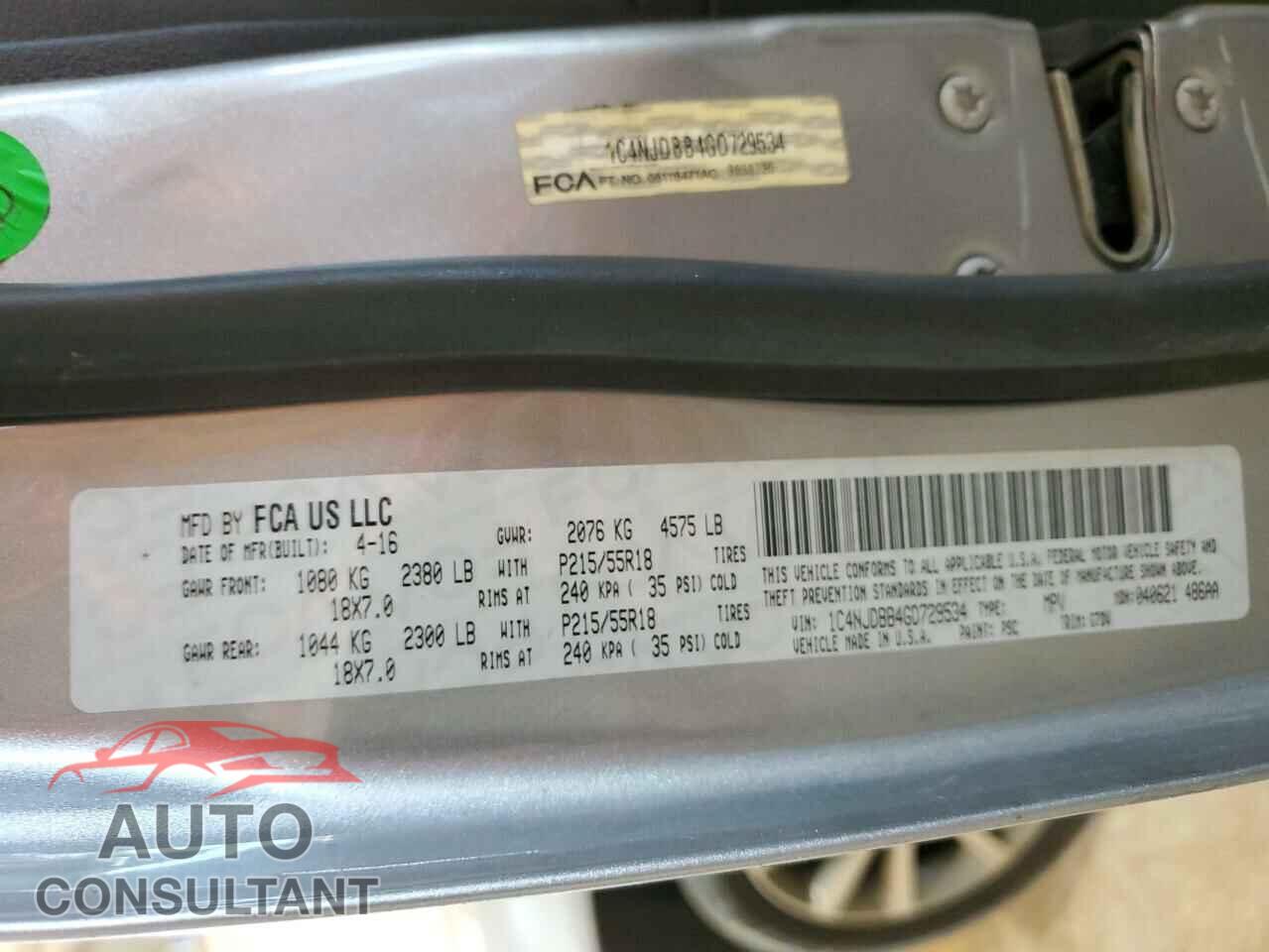 JEEP COMPASS 2016 - 1C4NJDBB4GD729534