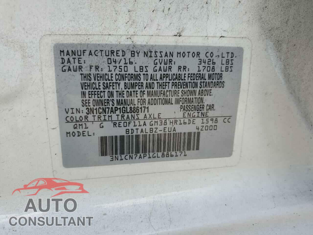 NISSAN VERSA 2016 - 3N1CN7AP1GL886171