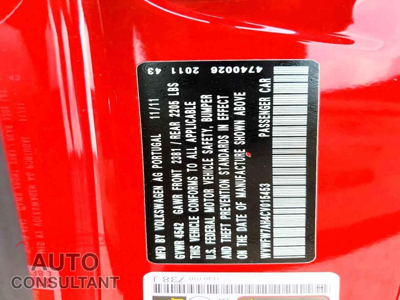 VOLKSWAGEN EOS 2012 - WVWFW7AH4CV015453