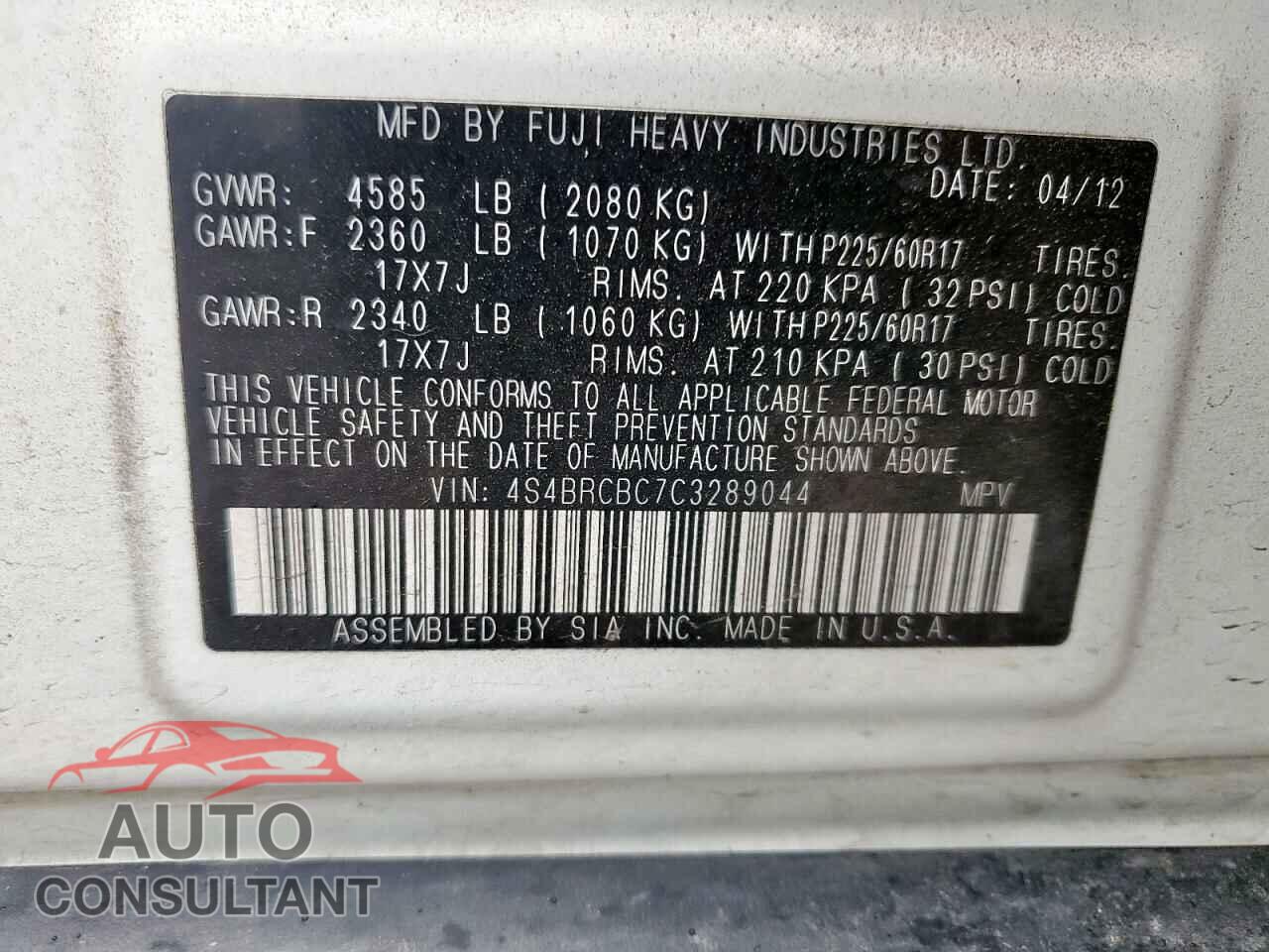 SUBARU OUTBACK 2012 - 4S4BRCBC7C3289044