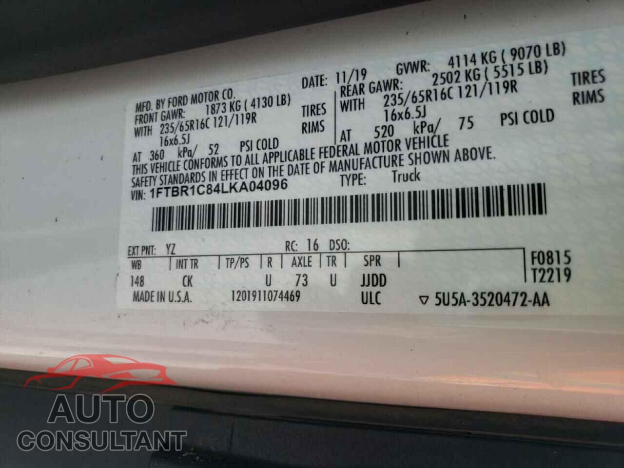 FORD TRANSIT CO 2020 - 1FTBR1C84LKA04096