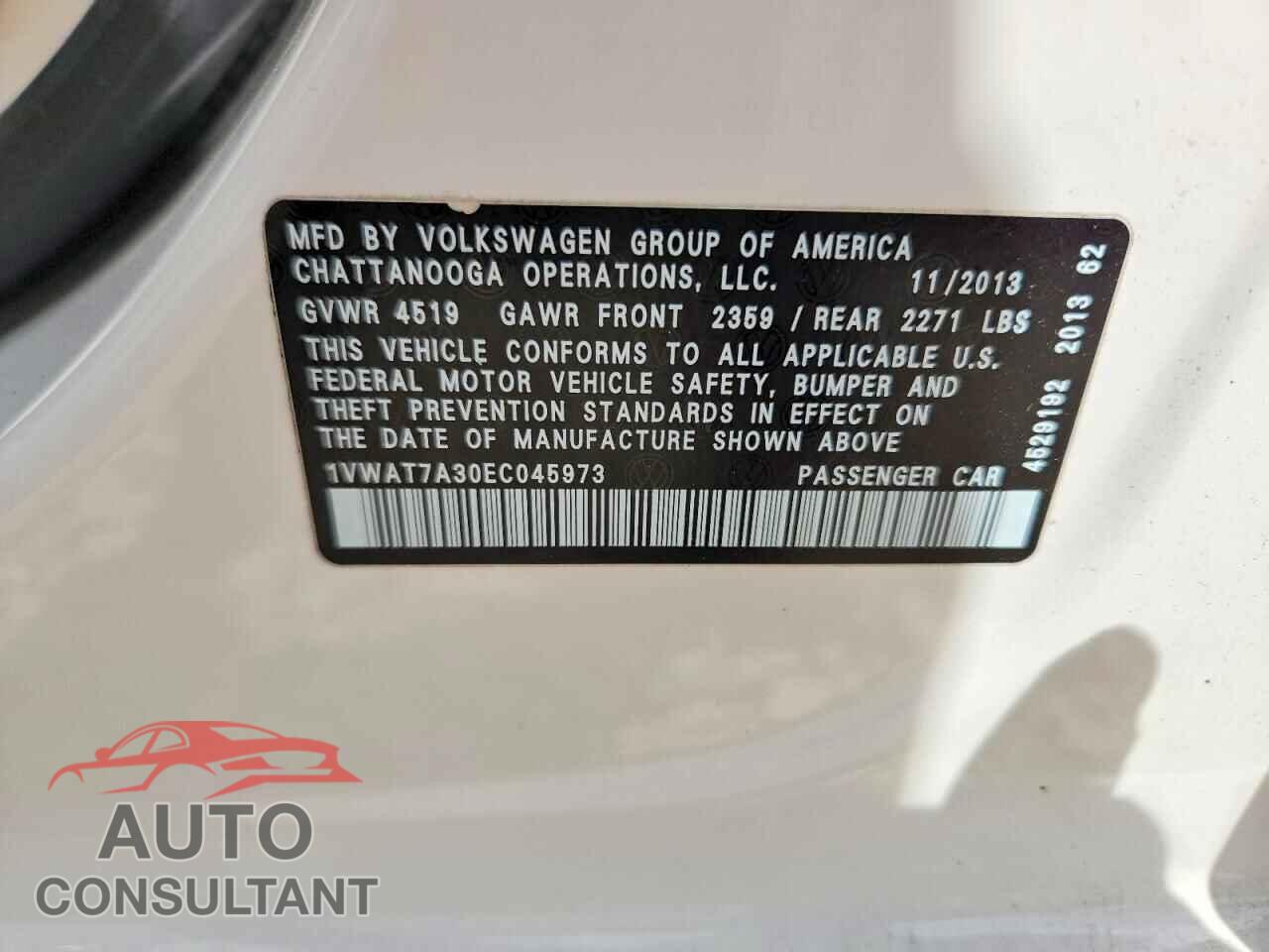VOLKSWAGEN PASSAT 2014 - 1VWAT7A30EC045973