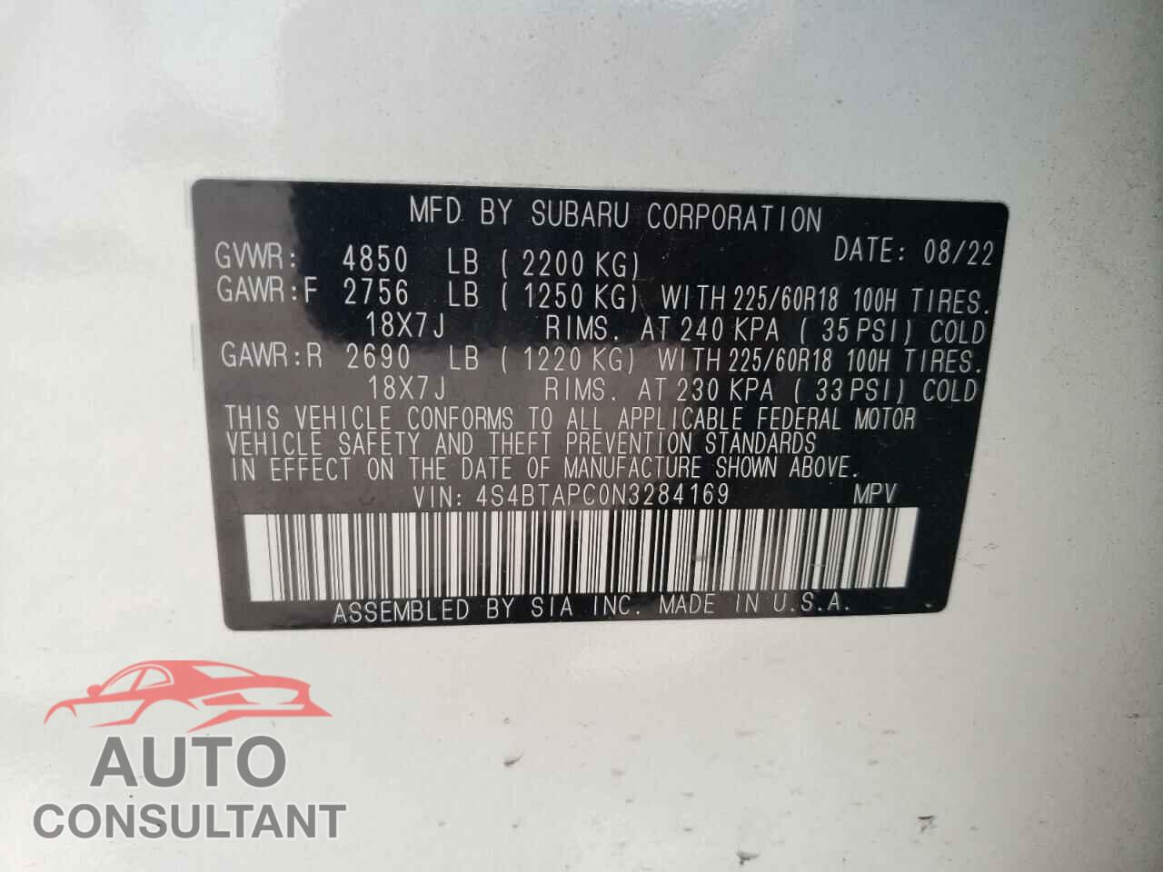 SUBARU OUTBACK 2022 - 4S4BTAPC0N3284169