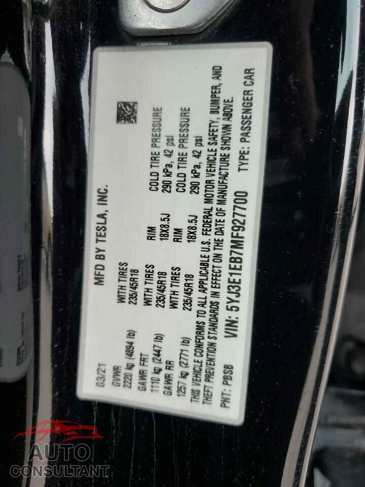 TESLA MODEL 3 2021 - 5YJ3E1EB7MF927700