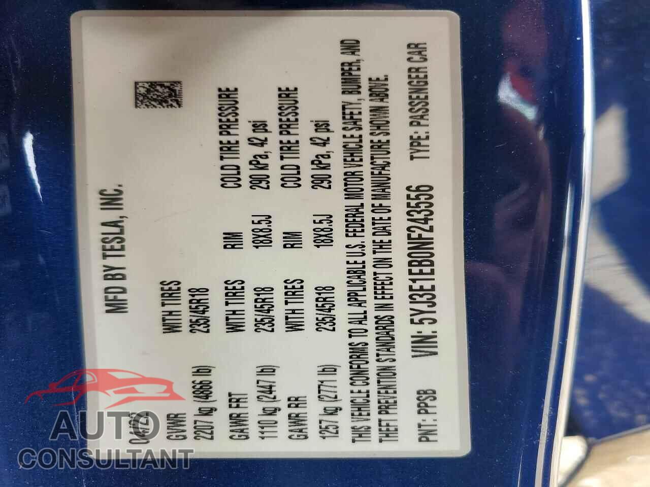 TESLA MODEL 3 2022 - 5YJ3E1EB0NF243556