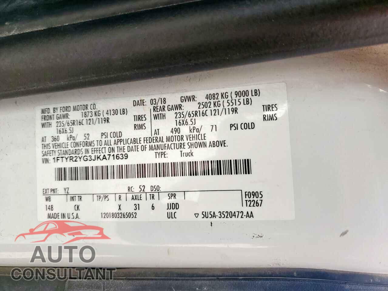 FORD TRANSIT 2018 - 1FTYR2YG3JKA71639
