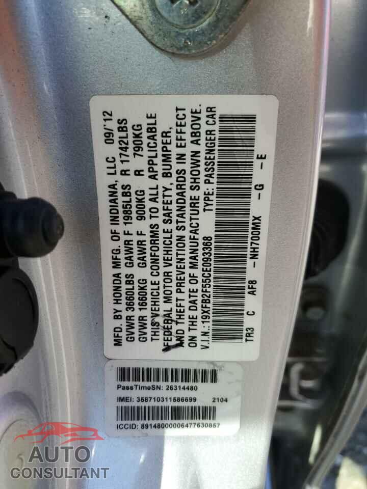 HONDA CIVIC 2012 - 19XFB2F55CE093368