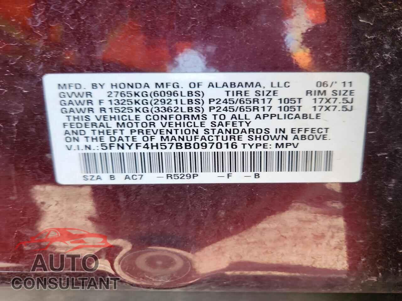 HONDA PILOT 2011 - 5FNYF4H57BB097016