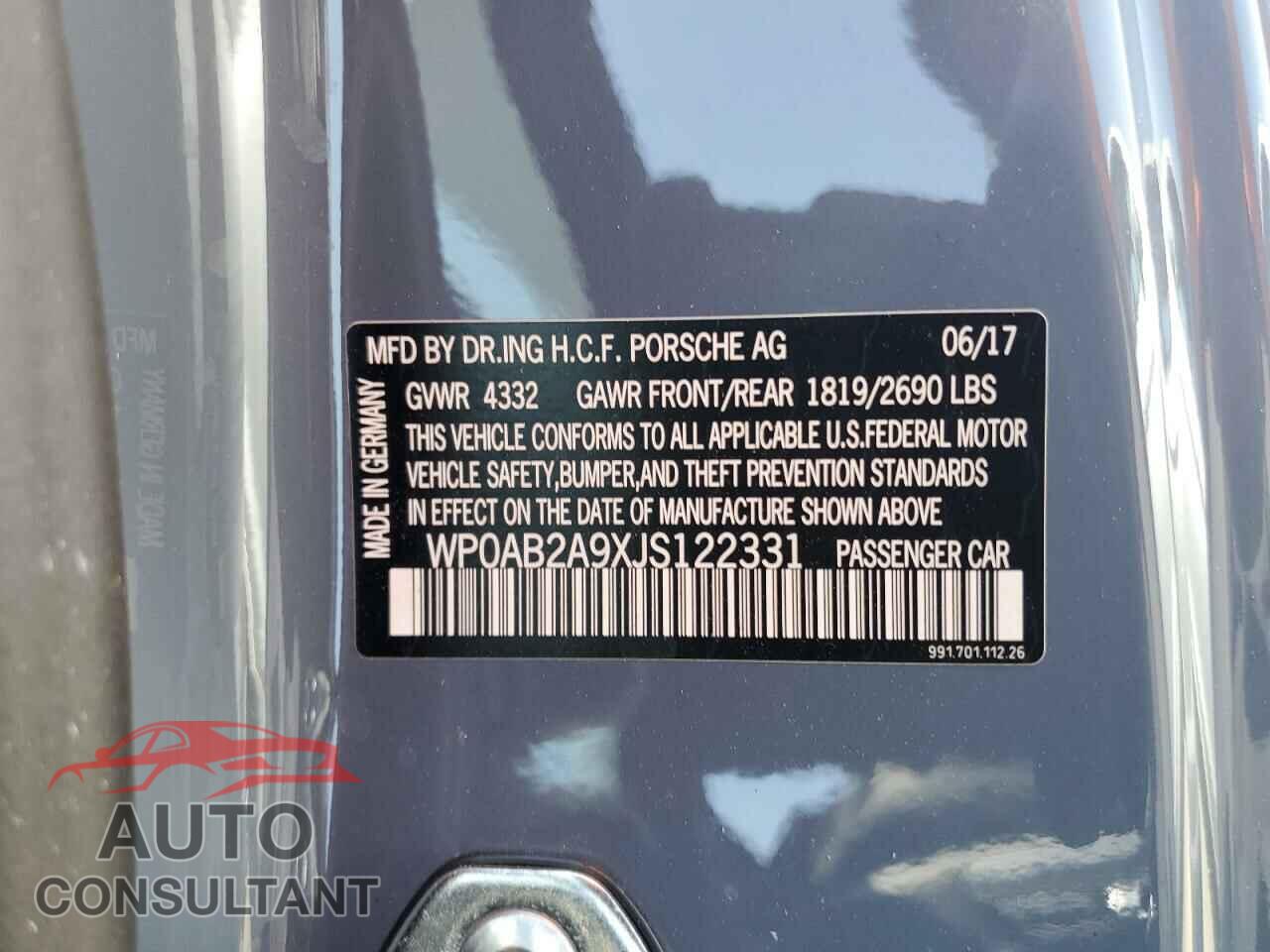 PORSCHE 911 2018 - WP0AB2A9XJS122331