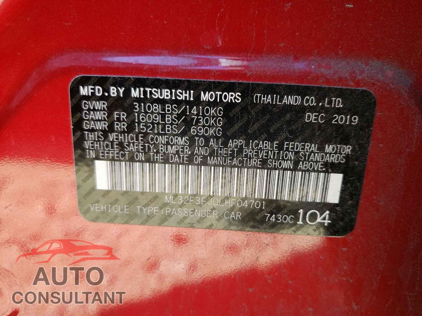 MITSUBISHI MIRAGE 2020 - ML32F3FJ0LHF04701