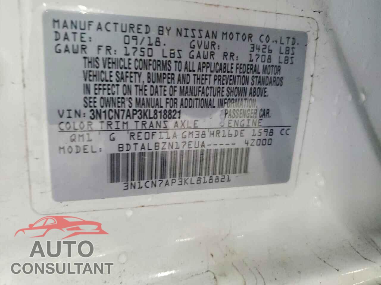 NISSAN VERSA 2019 - 3N1CN7AP3KL818821
