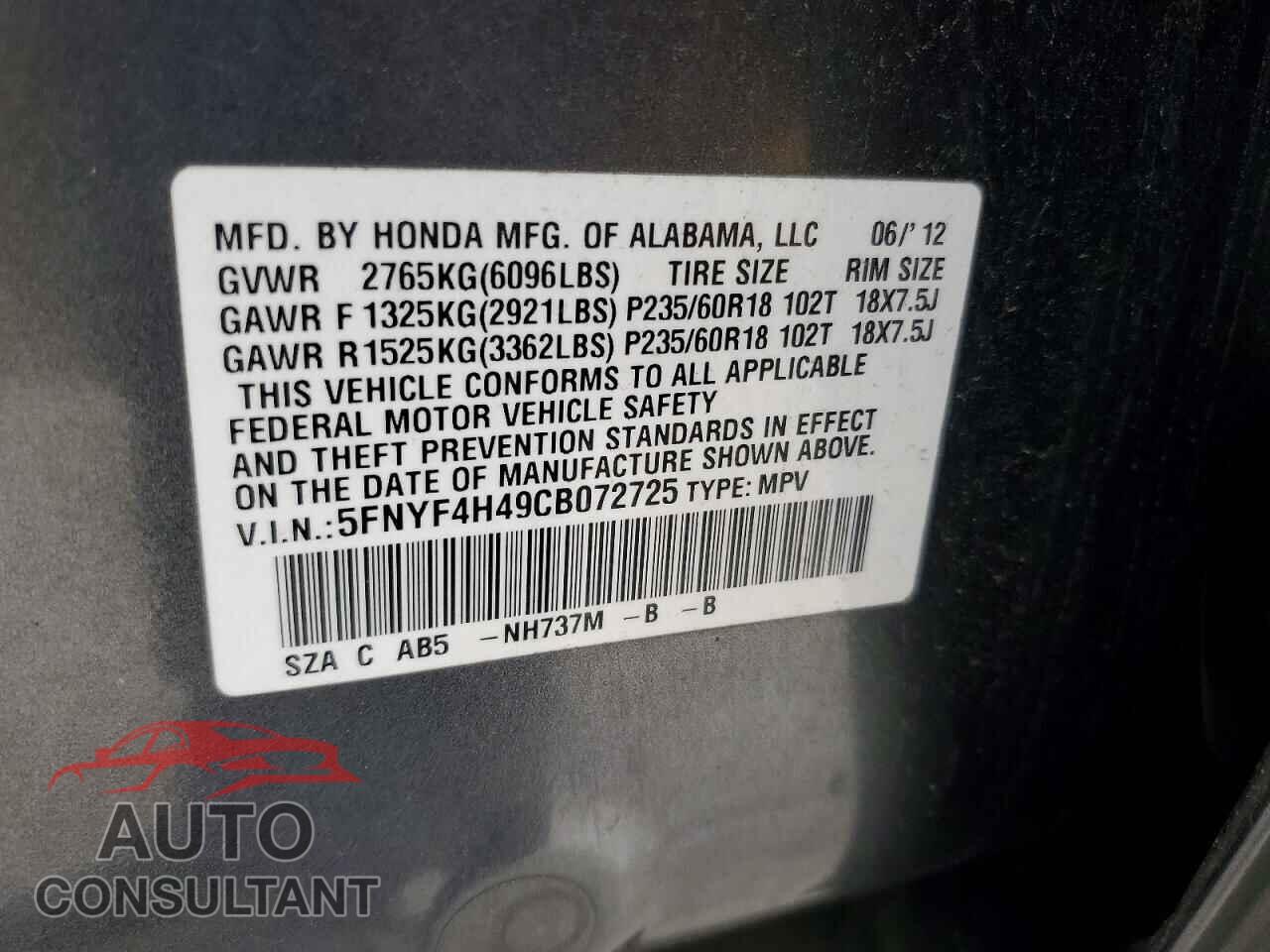 HONDA PILOT 2012 - 5FNYF4H49CB072725
