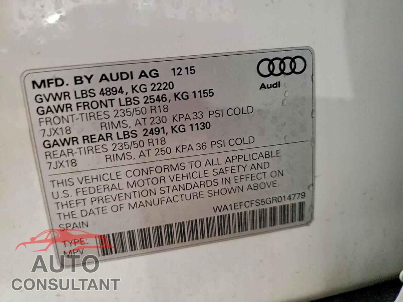 AUDI Q3 2016 - WA1EFCFS5GR014779