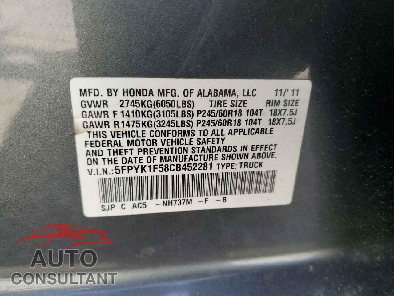 HONDA RIDGELINE 2012 - 5FPYK1F58CB452281