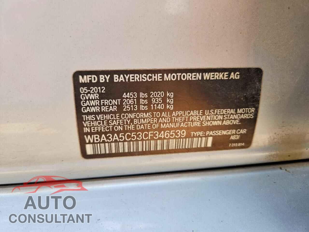 BMW 3 SERIES 2012 - WBA3A5C53CF346539