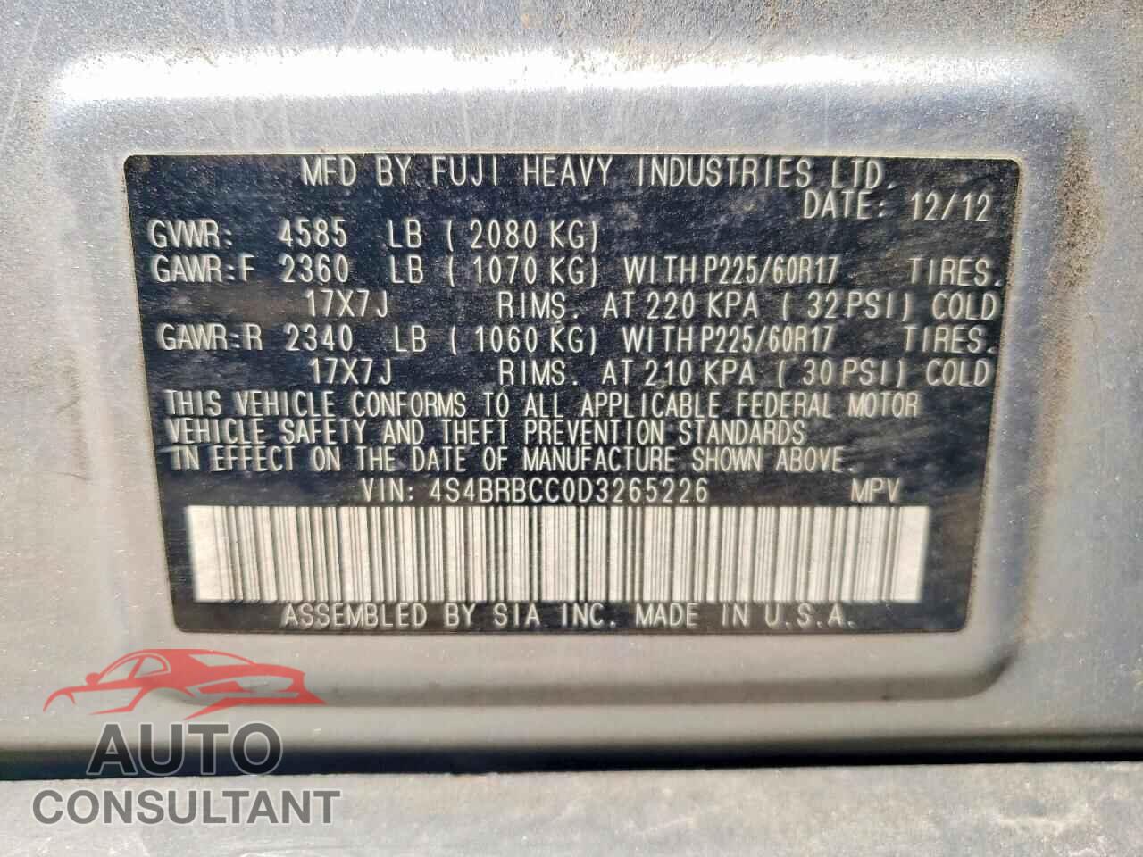 SUBARU OUTBACK 2013 - 4S4BRBCC0D3265226