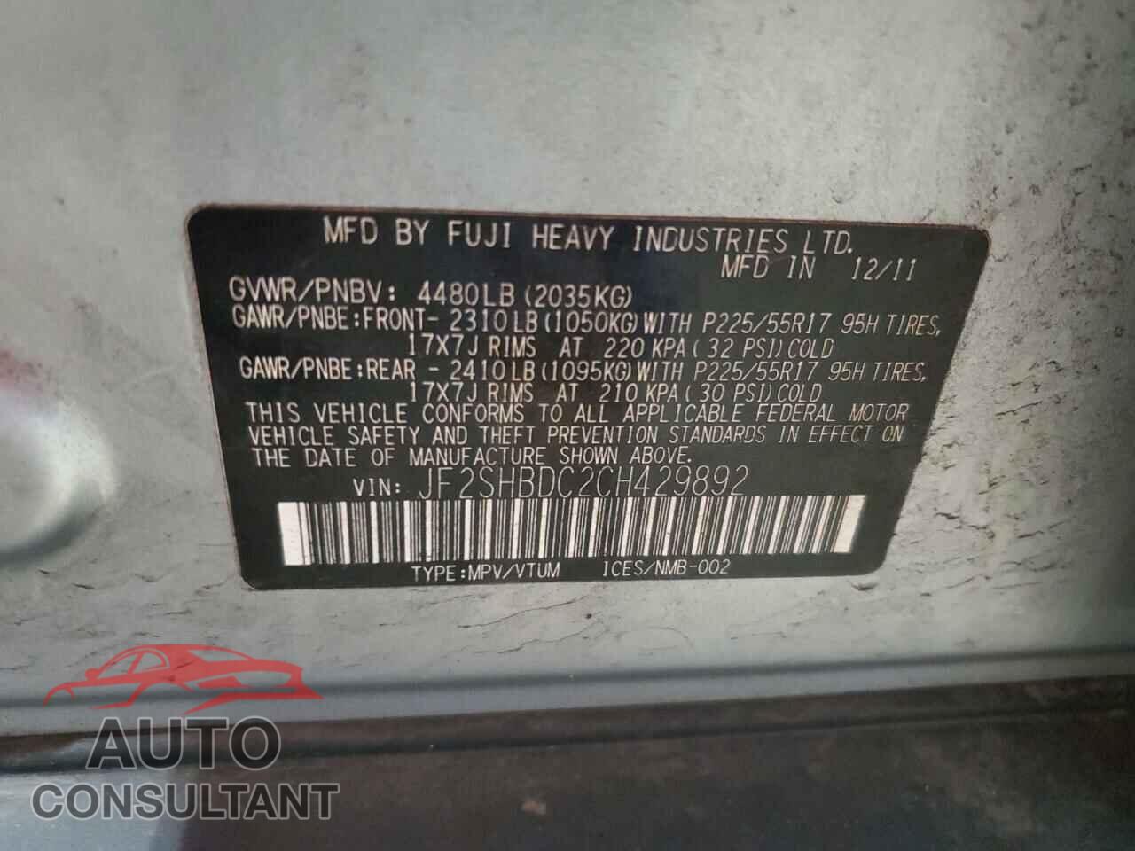 SUBARU FORESTER 2012 - JF2SHBDC2CH429892