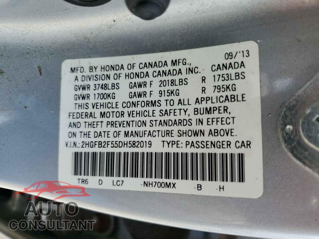 HONDA CIVIC 2013 - 2HGFB2F55DH582019