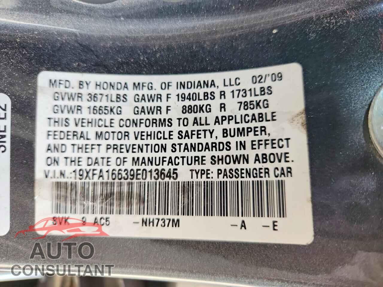 HONDA CIVIC 2009 - 19XFA16639E013645