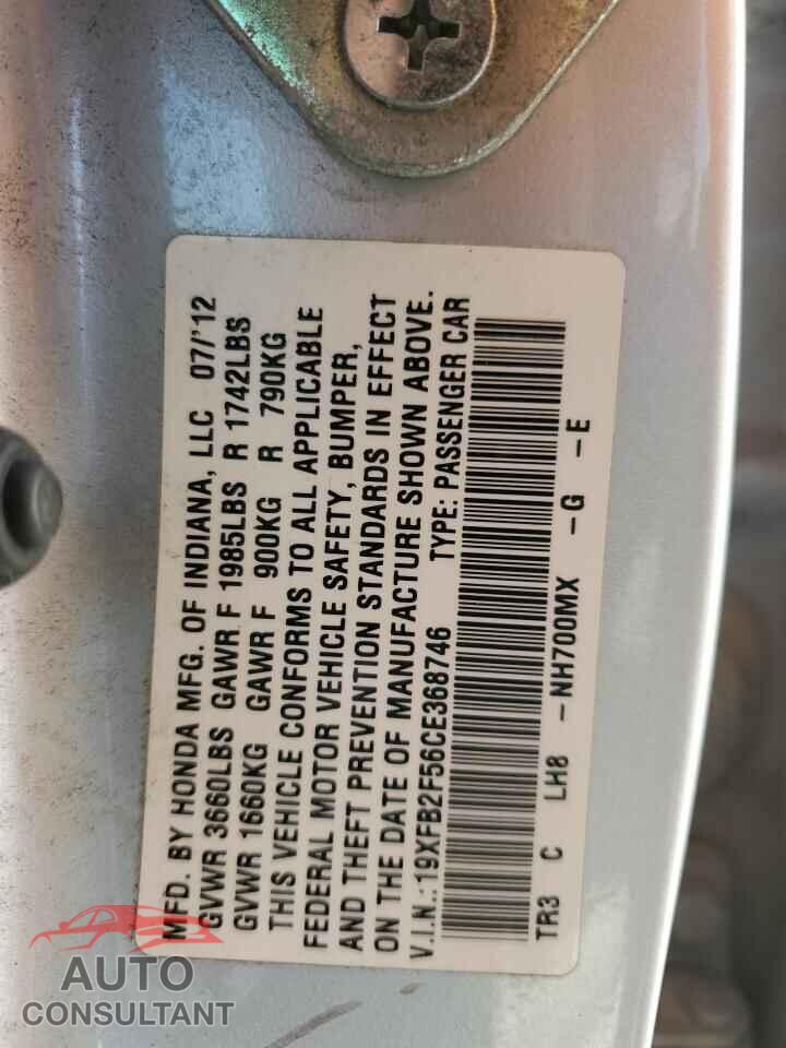 HONDA CIVIC 2012 - 19XFB2F56CE368746