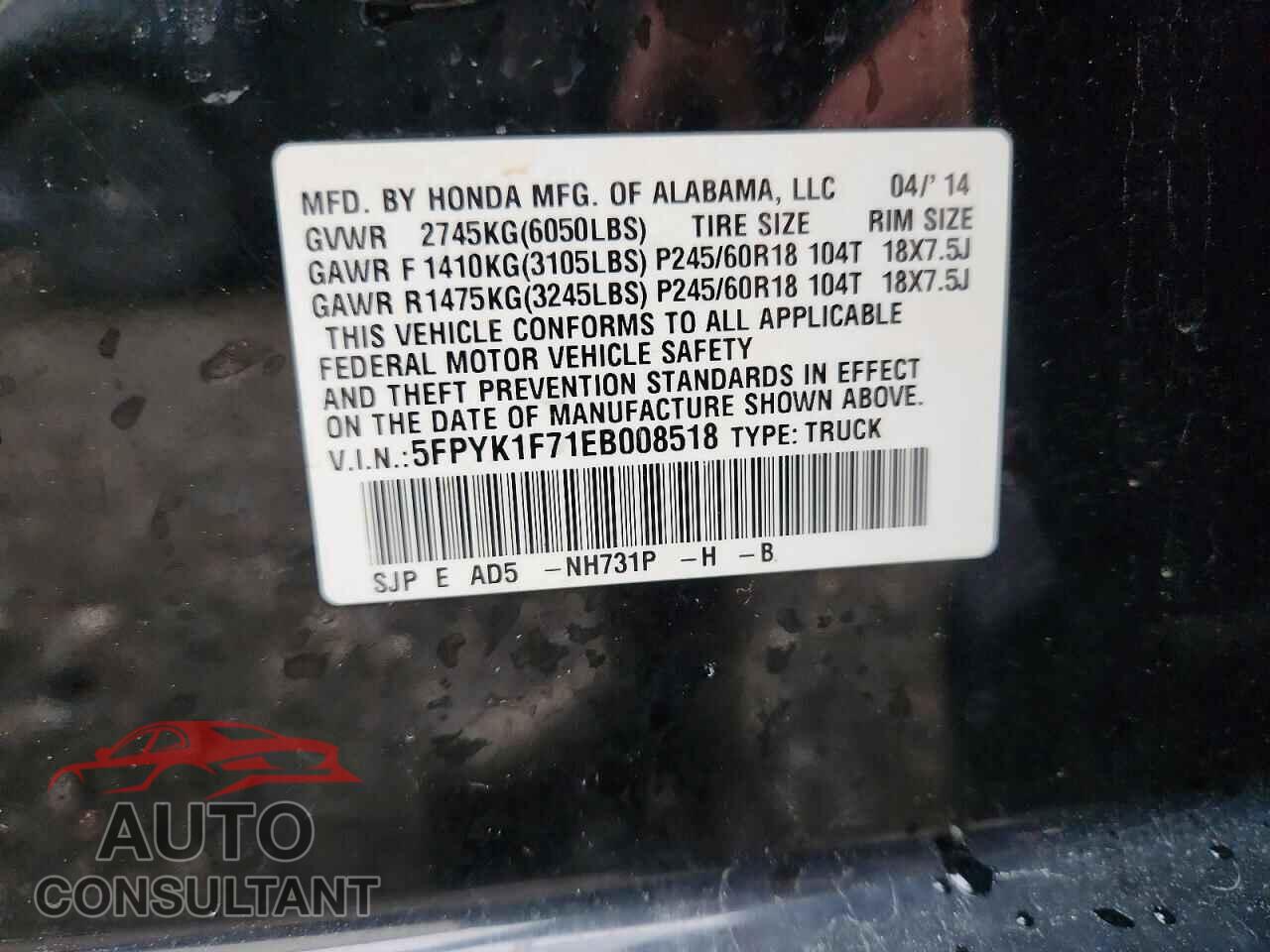 HONDA RIDGELINE 2014 - 5FPYK1F71EB008518