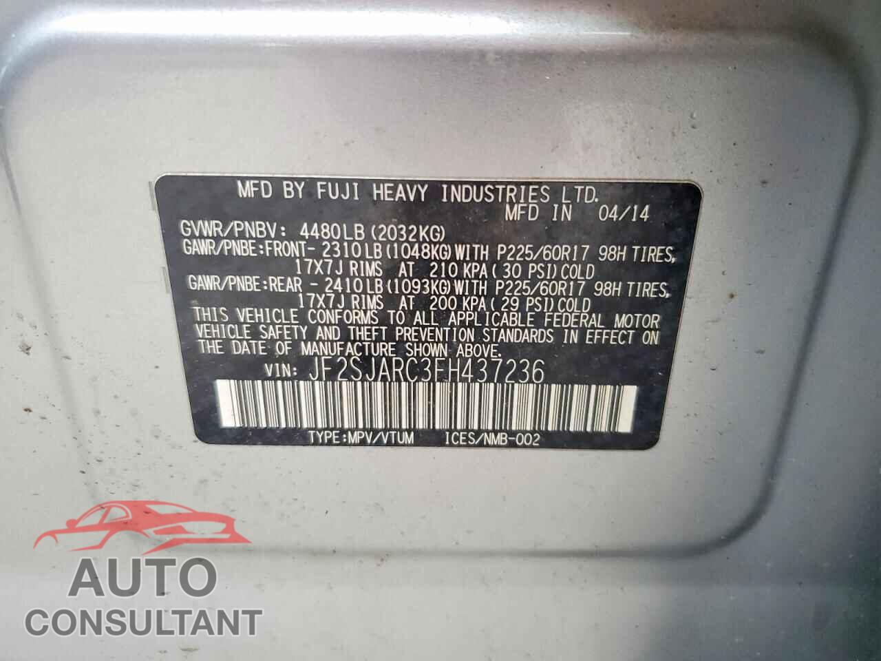 SUBARU FORESTER 2015 - JF2SJARC3FH437236