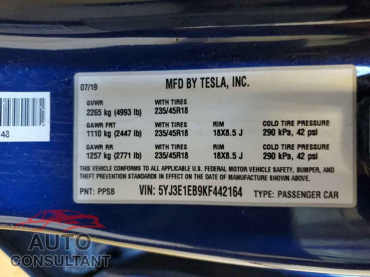 TESLA MODEL 3 2019 - 5YJ3E1EB9KF442164