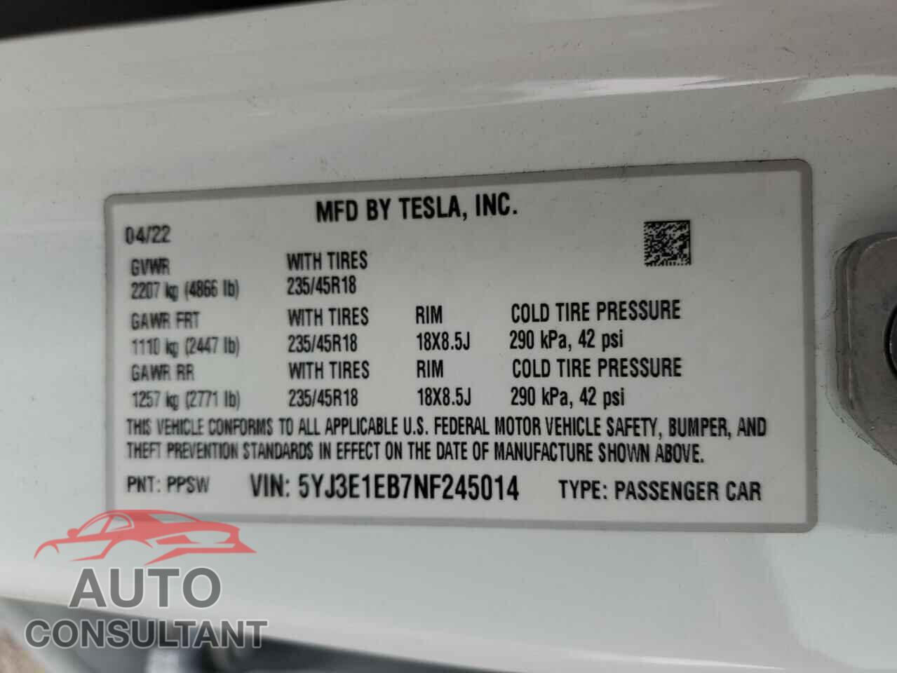 TESLA MODEL 3 2022 - 5YJ3E1EB7NF245014