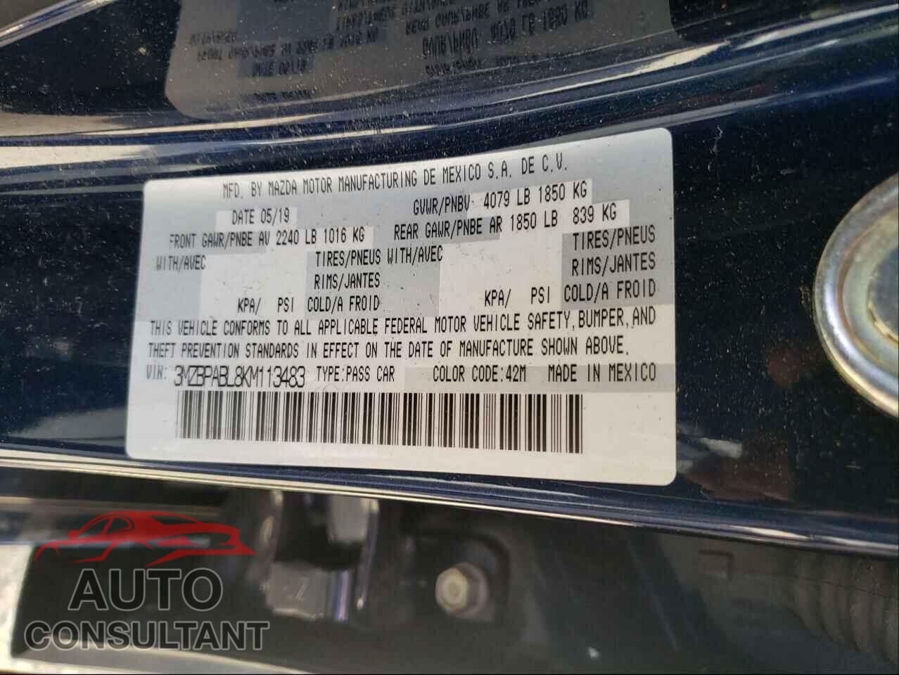 MAZDA 3 2019 - 3MZBPABL8KM113483