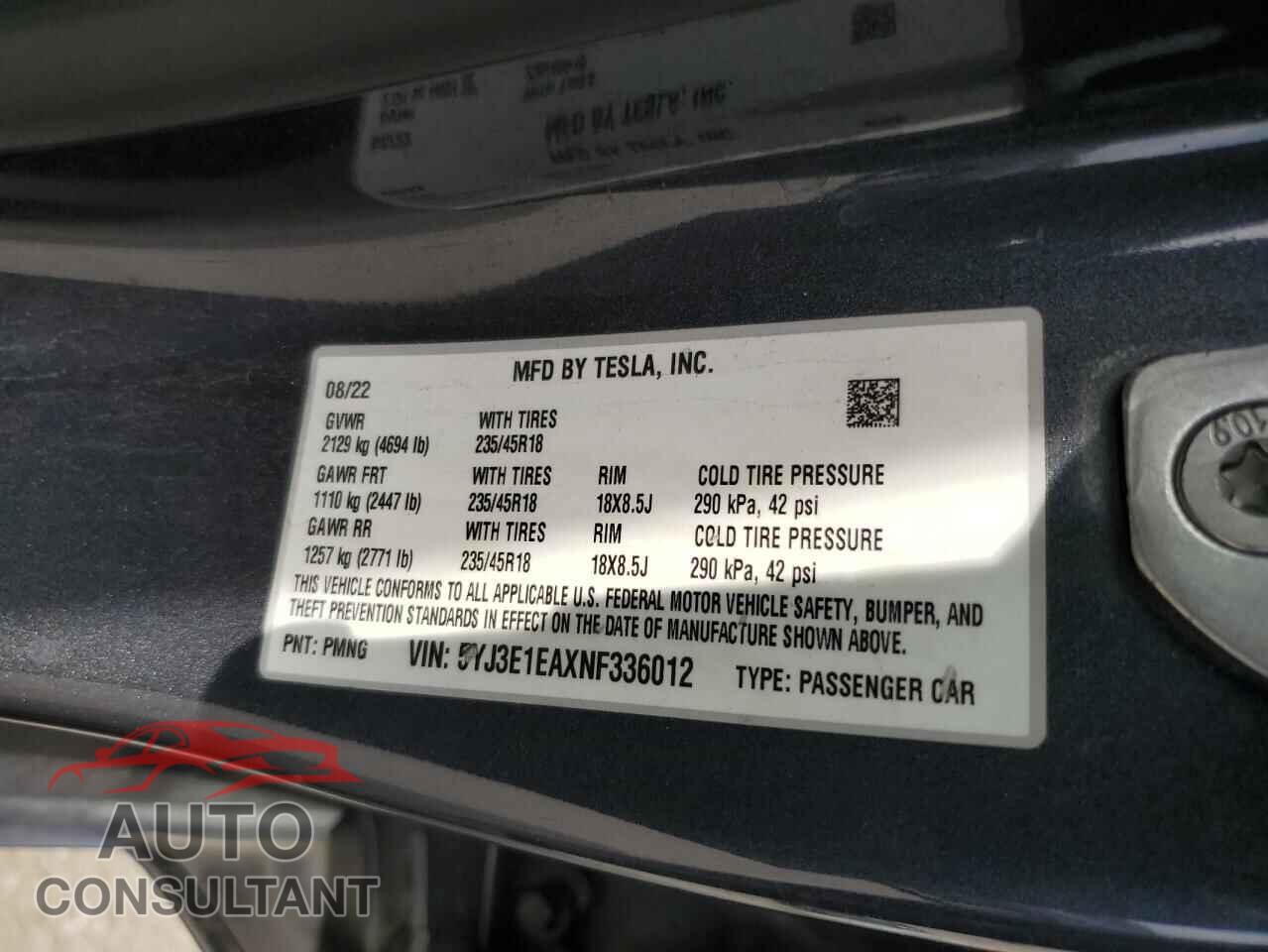 TESLA MODEL 3 2022 - 5YJ3E1EAXNF336012