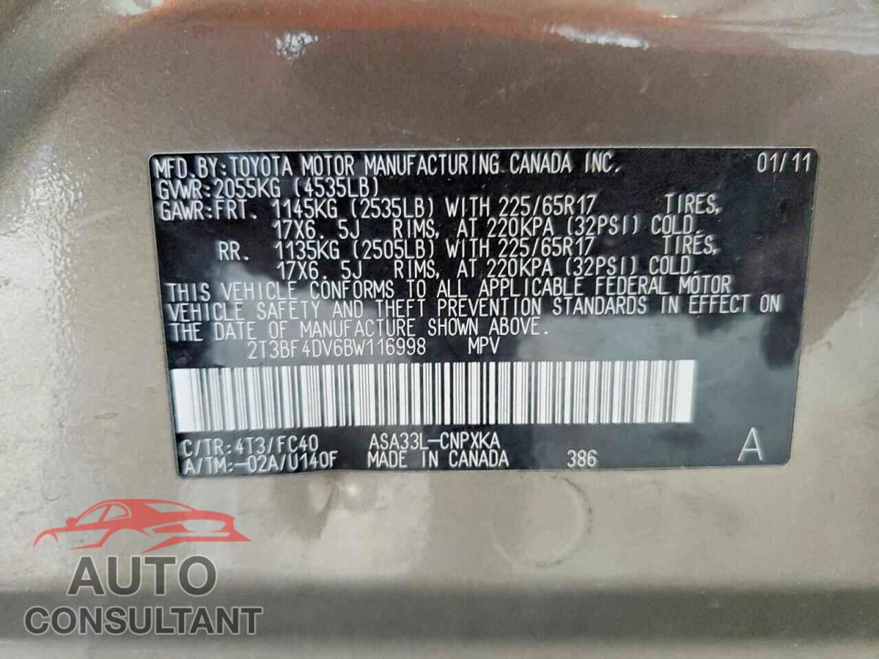 TOYOTA RAV4 2011 - 2T3BF4DV6BW116998
