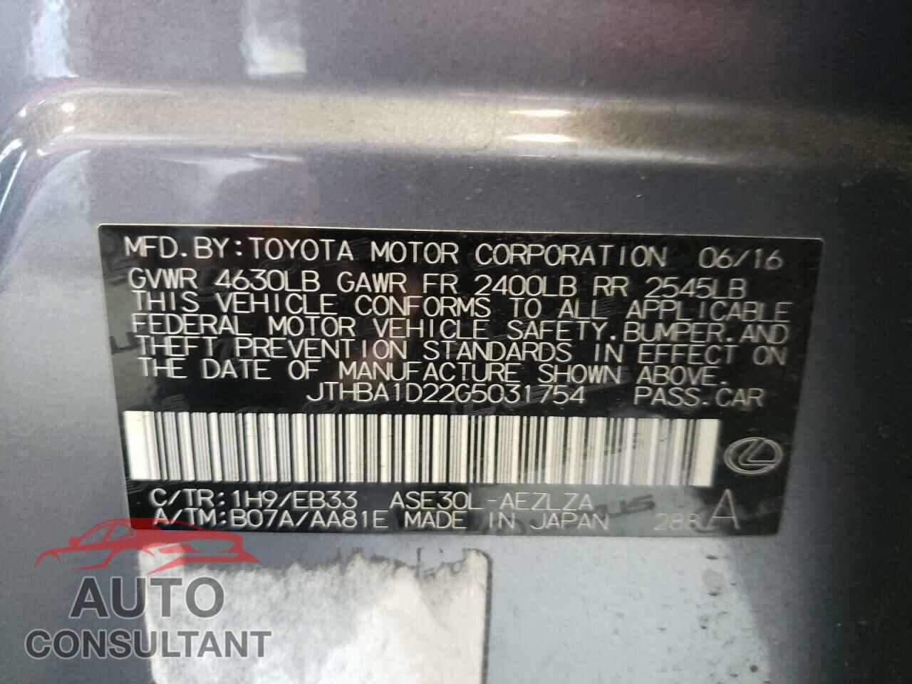 LEXUS IS 2016 - JTHBA1D22G5031754