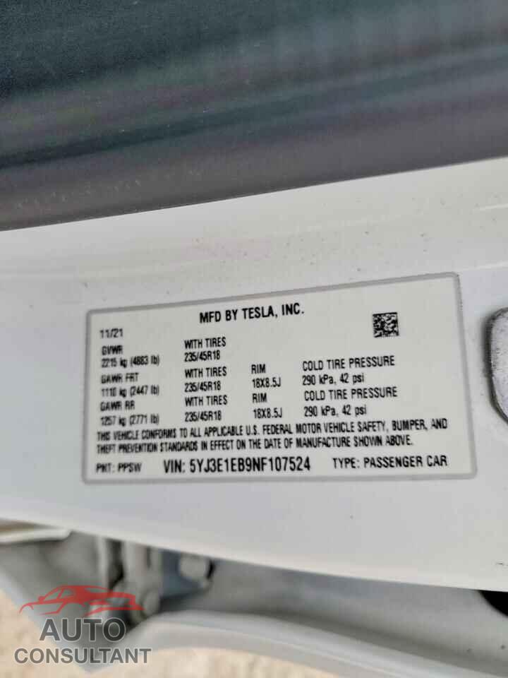 TESLA MODEL 3 2022 - 5YJ3E1EB9NF107524