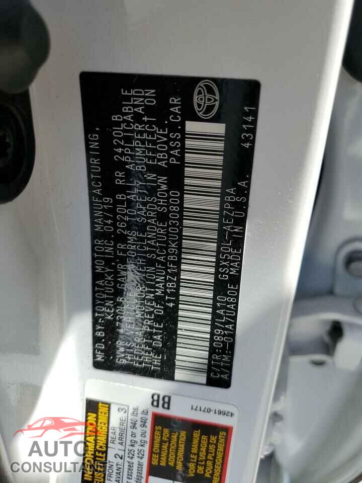 TOYOTA AVALON 2019 - 4T1BZ1FB9KU030800